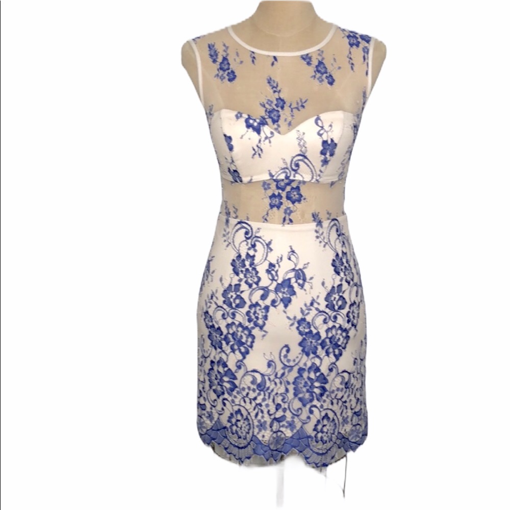Bebe stretch lace mesh cut out back mini dress